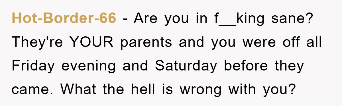 Hot-Border-66 − Are you in f__king sane? They're YOUR parents and you were off all Friday evening and Saturday before they came. What the hell is wrong with you?