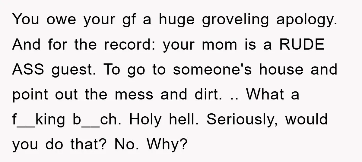 You owe your gf a huge groveling apology. And for the record: your mom is a RUDE ASS guest. To go to someone's house and point out the mess and...