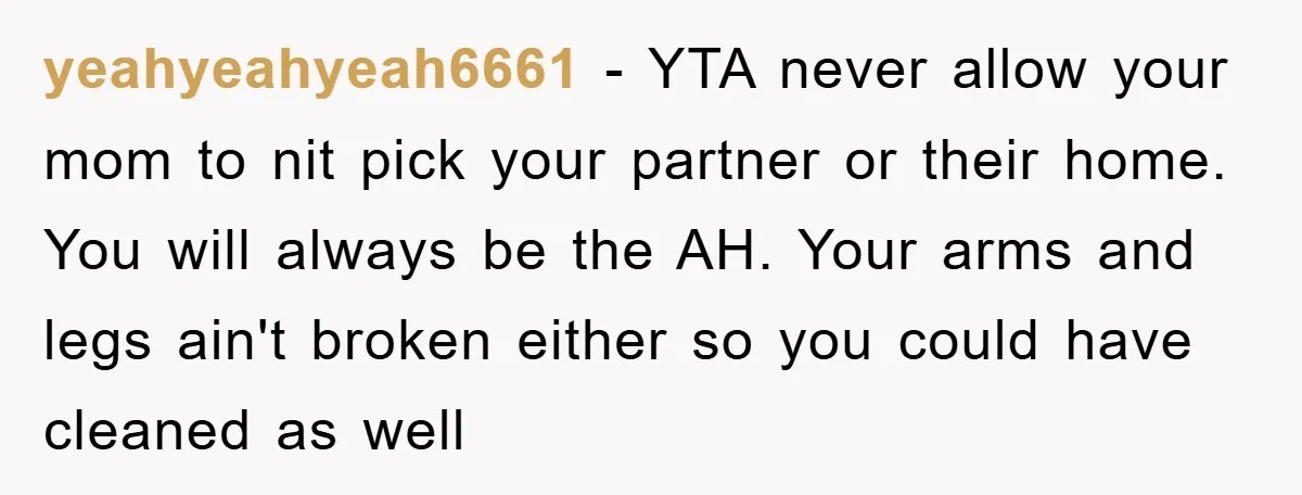 yeahyeahyeah6661 − YTA never allow your mom to nit pick your partner or their home. You will always be the AH. Your arms and legs ain't broken either so you...