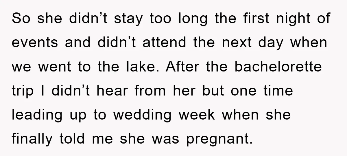 So she didn’t stay too long the first night of events and didn’t attend the next day when we went to the lake. After the bachelorette trip I didn’t hear...