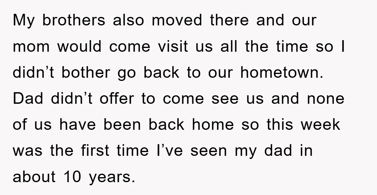 My brothers also moved there and our mom would come visit us all the time so I didn’t bother go back to our hometown. Dad didn’t offer to come see...