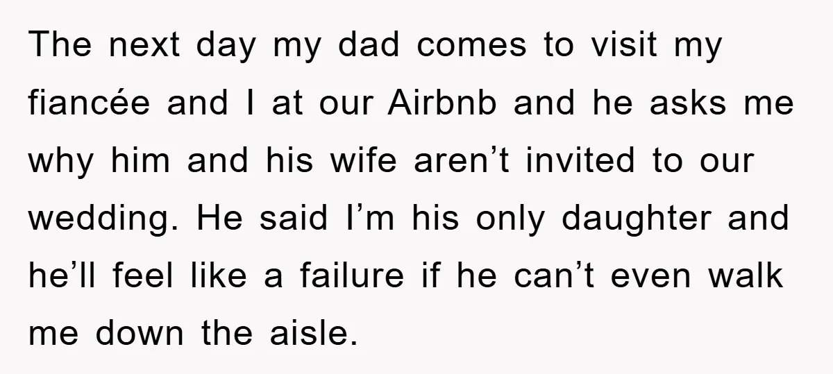 The next day my dad comes to visit my fiancée and I at our Airbnb and he asks me why him and his wife aren’t invited to our wedding. He...