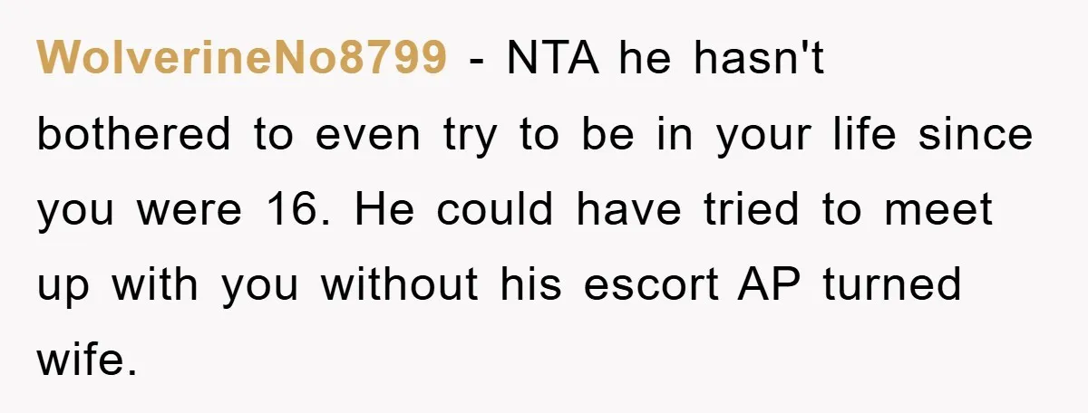 WolverineNo8799 − NTA he hasn't bothered to even try to be in your life since you were 16. He could have tried to meet up with you without his escort...