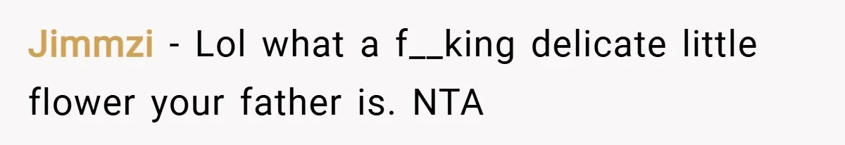 Jimmzi − Lol what a f__king delicate little flower your father is. NTA