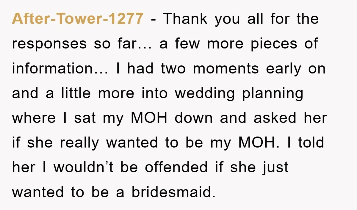 After-Tower-1277 − Thank you all for the responses so far… a few more pieces of information… I had two moments early on and a little more into wedding planning where...