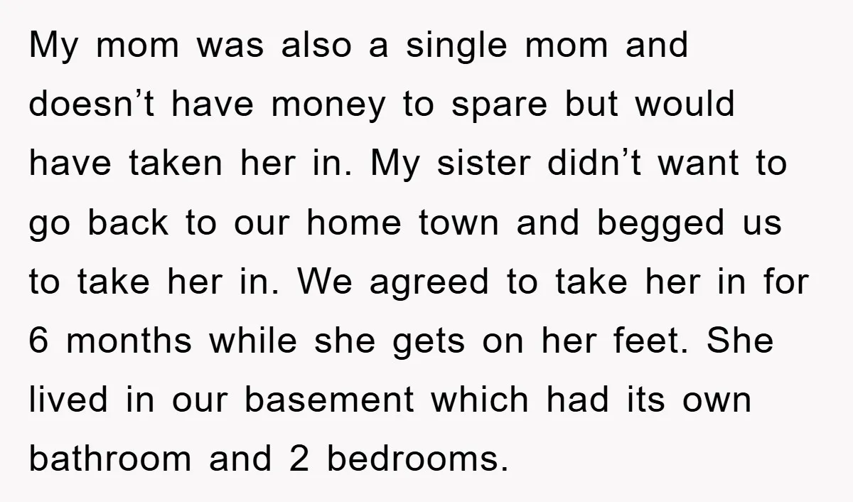 My mom was also a single mom and doesn’t have money to spare but would have taken her in. My sister didn’t want to go back to our home town...