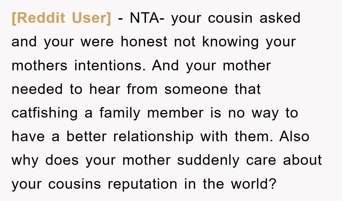 [Reddit User] − NTA- your cousin asked and your were honest not knowing your mothers intentions. And your mother needed to hear from someone that catfishing a family member is...