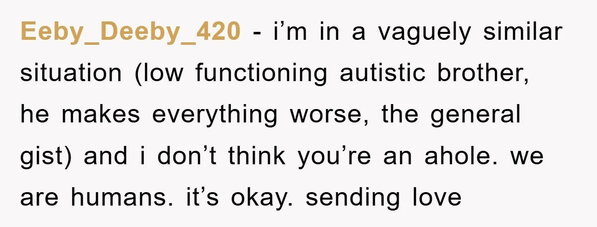 Eeby_Deeby_420 − i’m in a vaguely similar situation (low functioning autistic brother, he makes everything worse, the general gist) and i don’t think you’re an ahole. we are humans. it’s...