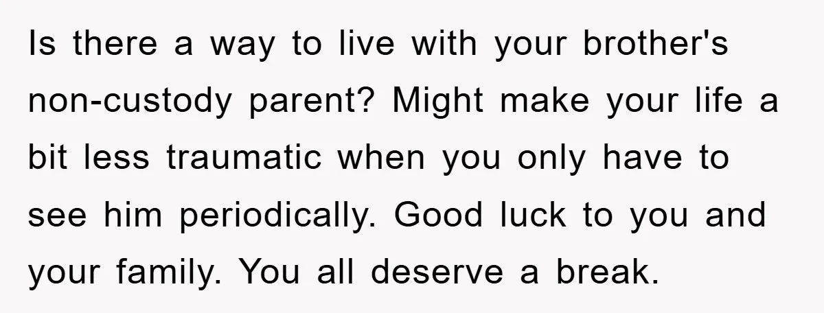Is there a way to live with your brother's non-custody parent? Might make your life a bit less traumatic when you only have to see him periodically. Good luck to...