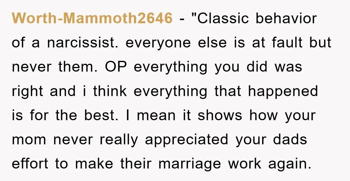 Worth-Mammoth2646 - "Classic behavior of a narcissist. everyone else is at fault but never them. OP everything you did was right and i think everything that happened is for the...