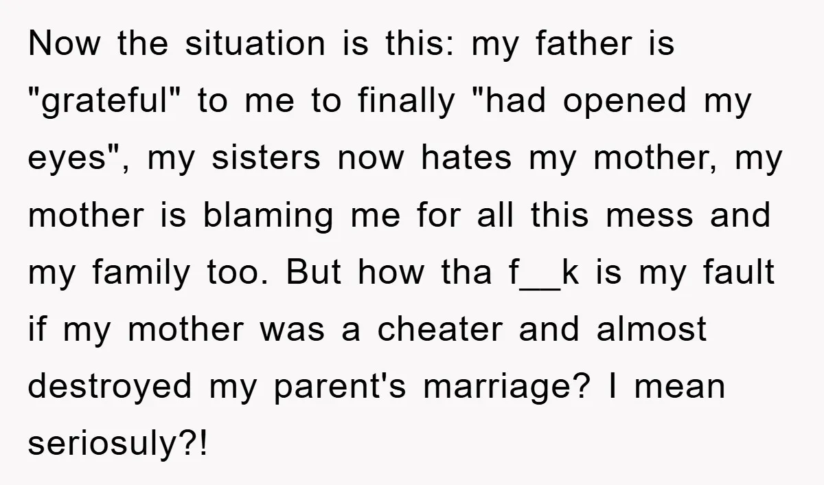 Now the situation is this: my father is "grateful" to me to finally "had opened my eyes", my sisters now hates my mother, my mother is blaming me for all...
