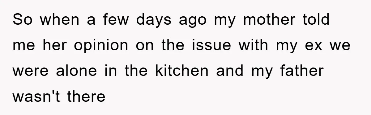 So when a few days ago my mother told me her opinion on the issue with my ex we were alone in the kitchen and my father wasn't there