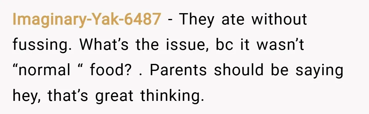 Imaginary-Yak-6487 − They ate without fussing. What’s the issue, bc it wasn’t “normal “ food? . Parents should be saying hey, that’s great thinking.
