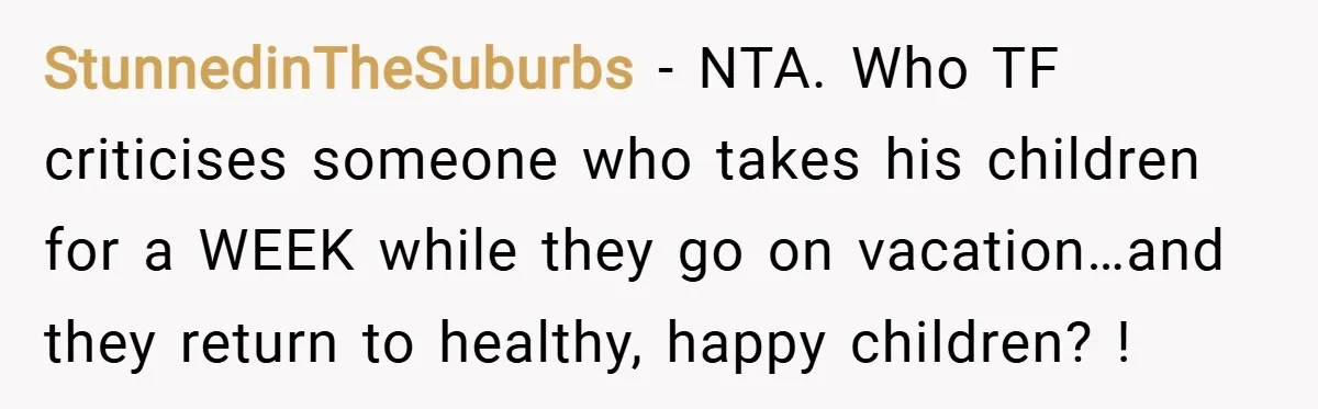 StunnedinTheSuburbs − NTA. Who TF criticises someone who takes his children for a WEEK while they go on vacation…and they return to healthy, happy children? !
