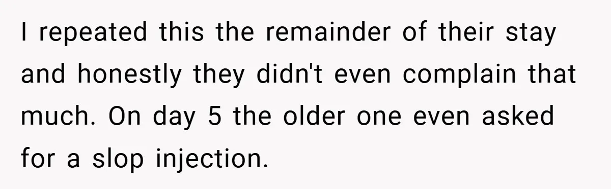 I repeated this the remainder of their stay and honestly they didn't even complain that much. On day 5 the older one even asked for a slop injection.