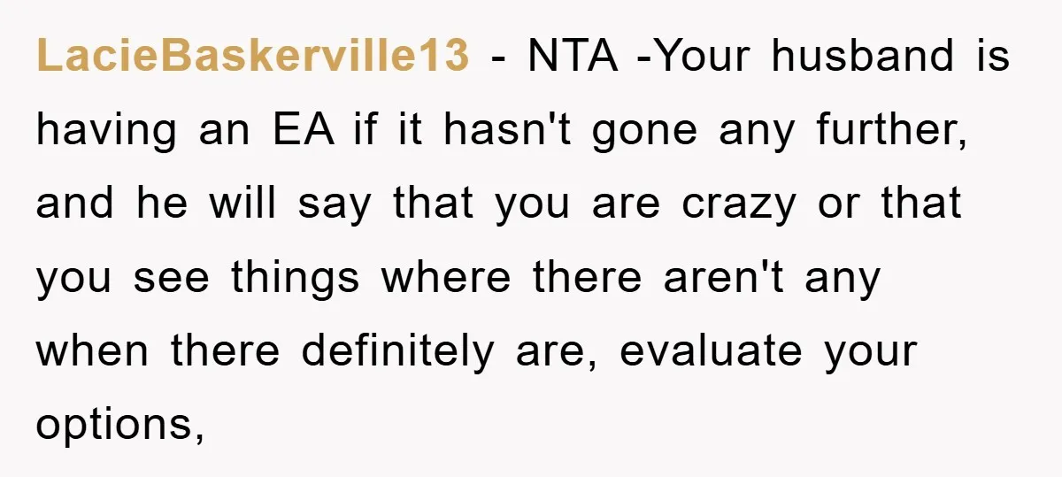 LacieBaskerville13 − NTA -Your husband is having an EA if it hasn't gone any further, and he will say that you are crazy or that you see things where there...