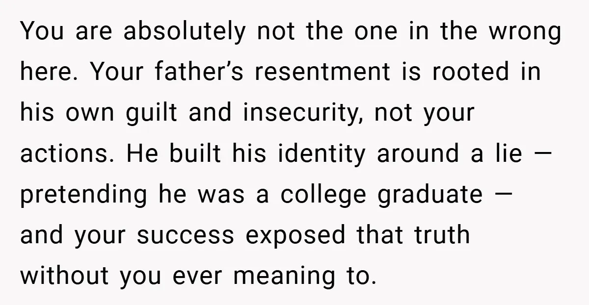 You are absolutely not the one in the wrong here. Your father’s resentment is rooted in his own guilt and insecurity, not your actions. He built his identity around a...
