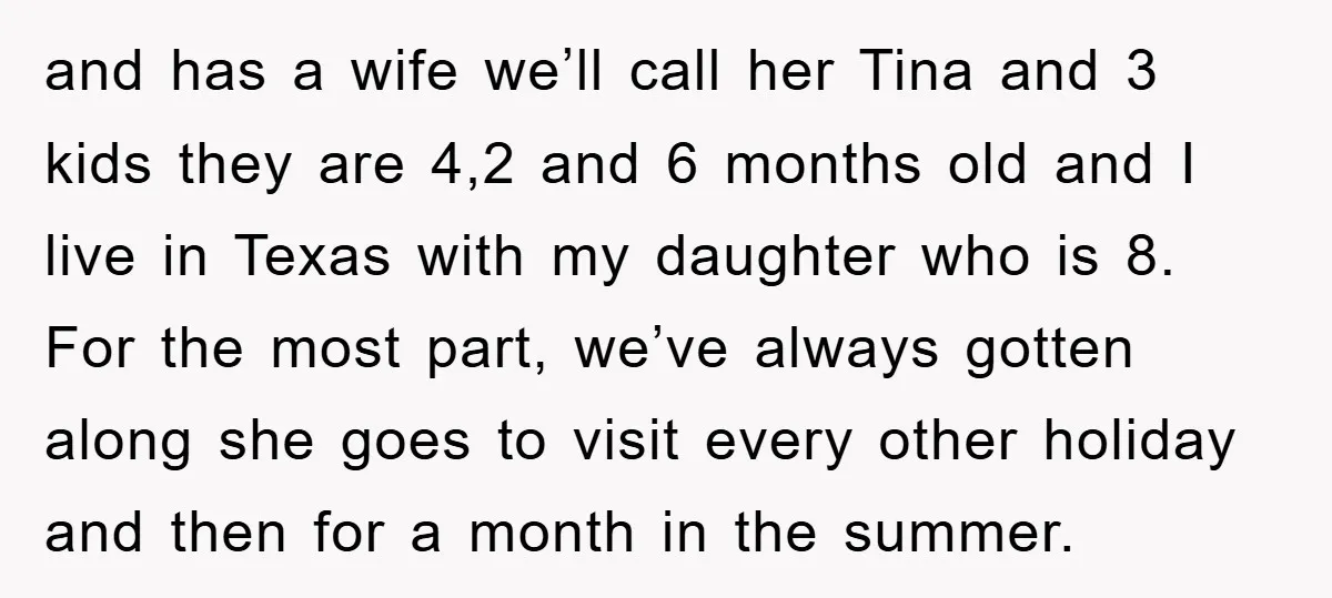 and has a wife we’ll call her Tina and 3 kids they are 4,2 and 6 months old and I live in Texas with my daughter who is 8. For...