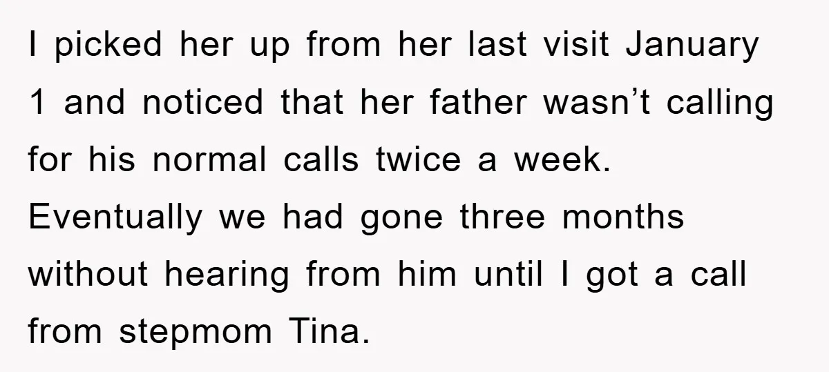 I picked her up from her last visit January 1 and noticed that her father wasn’t calling for his normal calls twice a week. Eventually we had gone three months...