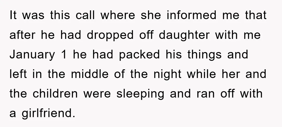 It was this call where she informed me that after he had dropped off daughter with me January 1 he had packed his things and left in the middle of...