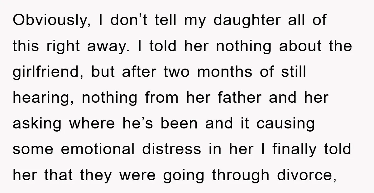 Obviously, I don’t tell my daughter all of this right away. I told her nothing about the girlfriend, but after two months of still hearing, nothing from her father and...