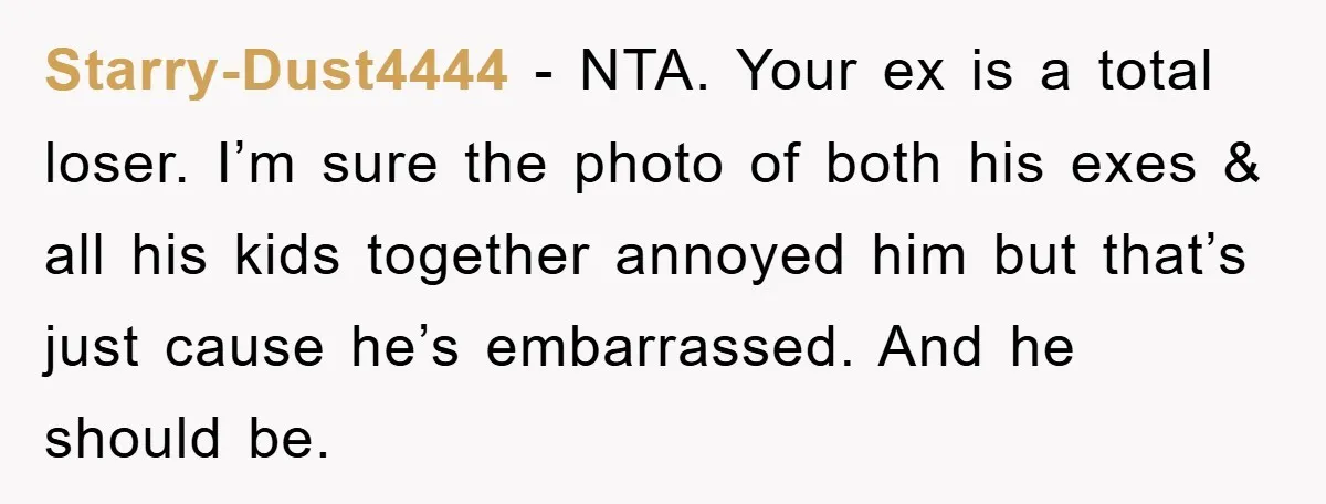 Starry-Dust4444 − NTA. Your ex is a total loser. I’m sure the photo of both his exes & all his kids together annoyed him but that’s just cause he’s embarrassed....