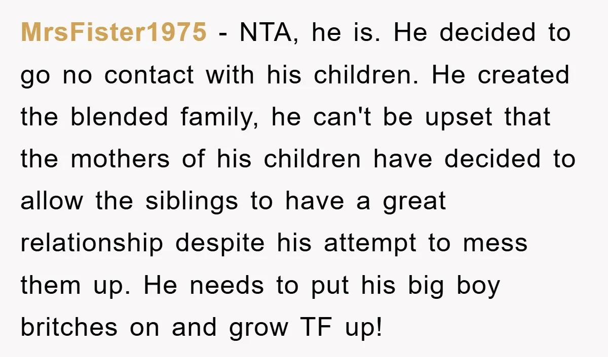 MrsFister1975 − NTA, he is. He decided to go no contact with his children. He created the blended family, he can't be upset that the mothers of his children have...