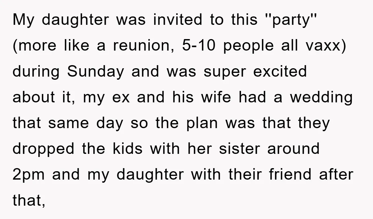 My daughter was invited to this ''party'' (more like a reunion, 5-10 people all vaxx) during Sunday and was super excited about it, my ex and his wife had a...