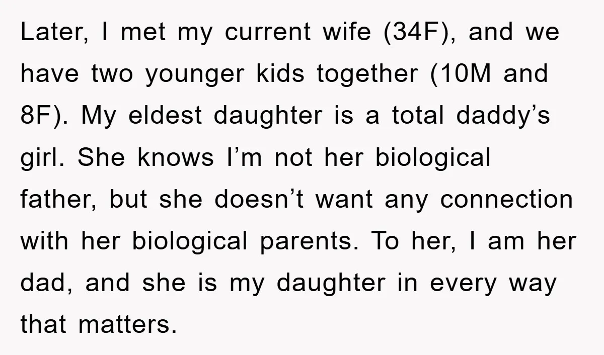 Later, I met my current wife (34F), and we have two younger kids together (10M and 8F). My eldest daughter is a total daddy’s girl. She knows I’m not her...