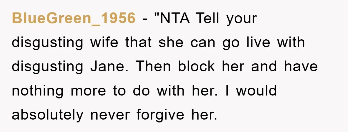 BlueGreen_1956 - "NTA Tell your disgusting wife that she can go live with disgusting Jane. Then block her and have nothing more to do with her. I would absolutely never...