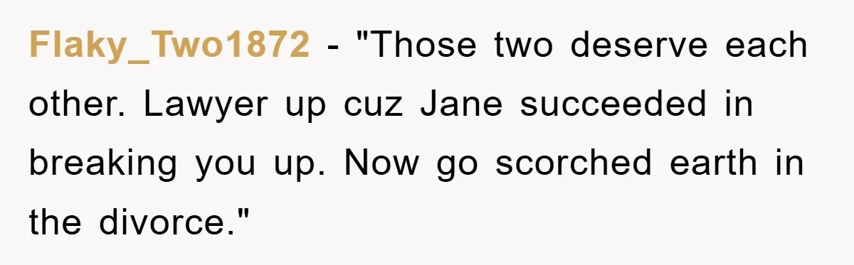 Flaky_Two1872 - "Those two deserve each other. Lawyer up cuz Jane succeeded in breaking you up. Now go scorched earth in the divorce."