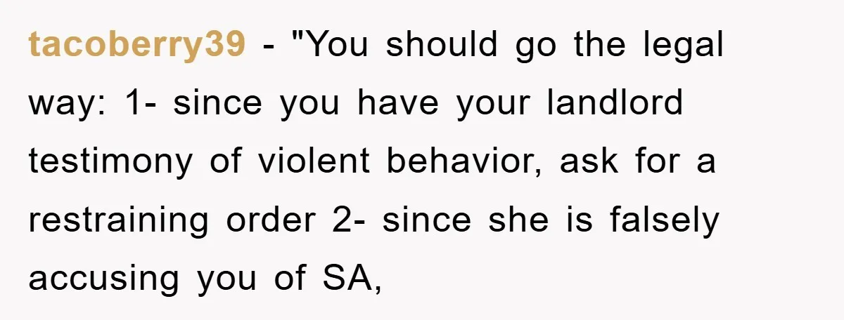 tacoberry39 - "You should go the legal way: 1- since you have your landlord testimony of violent behavior, ask for a restraining order 2- since she is falsely accusing you...