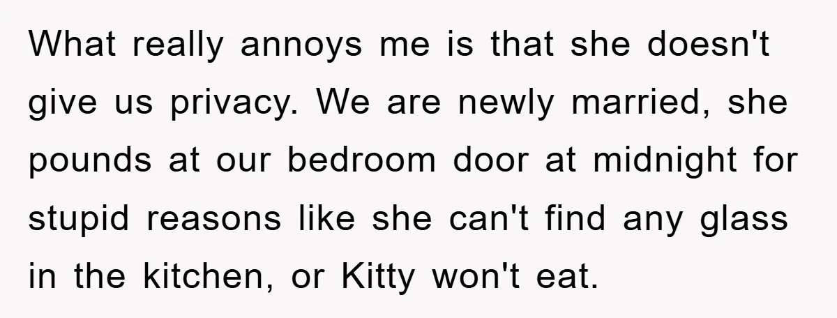 What really annoys me is that she doesn't give us privacy. We are newly married, she pounds at our bedroom door at midnight for stupid reasons like she can't find...