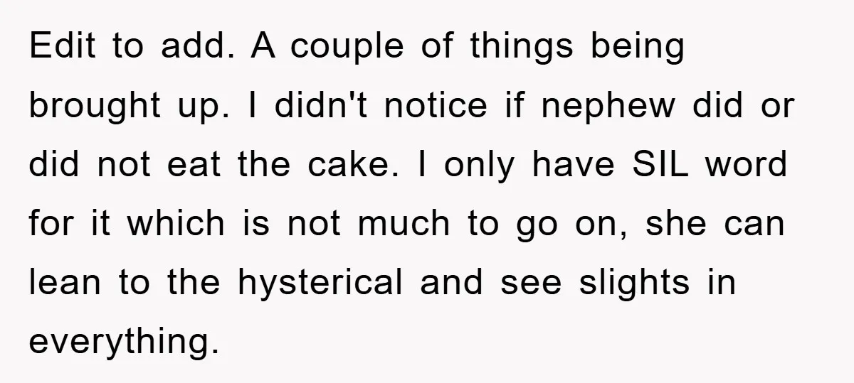 Edit to add. A couple of things being brought up. I didn't notice if nephew did or did not eat the cake. I only have SIL word for it which...