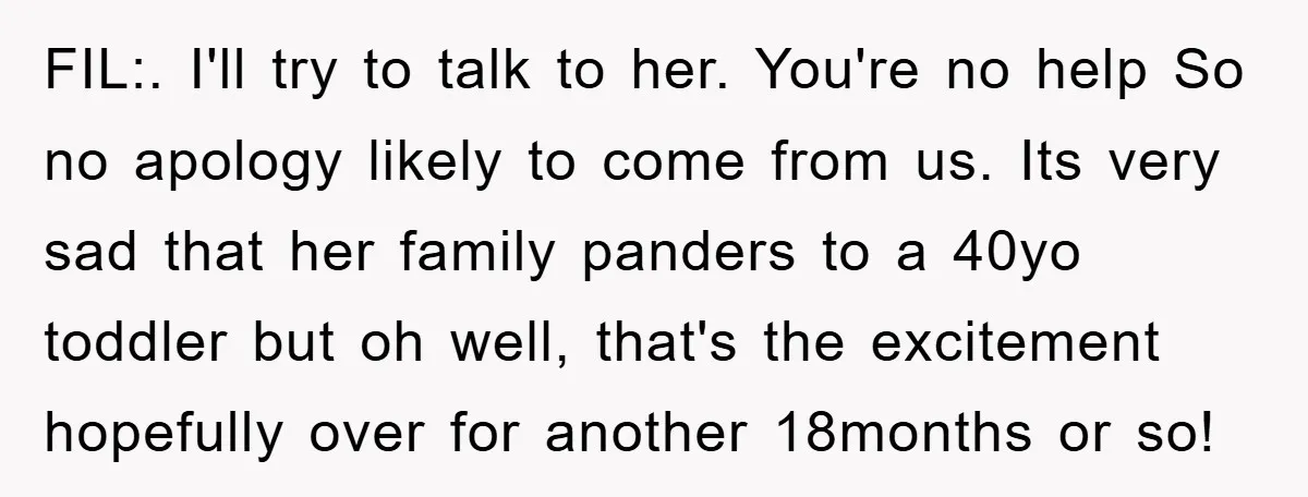 FIL:. I'll try to talk to her. You're no help So no apology likely to come from us. Its very sad that her family panders to a 40yo toddler but...