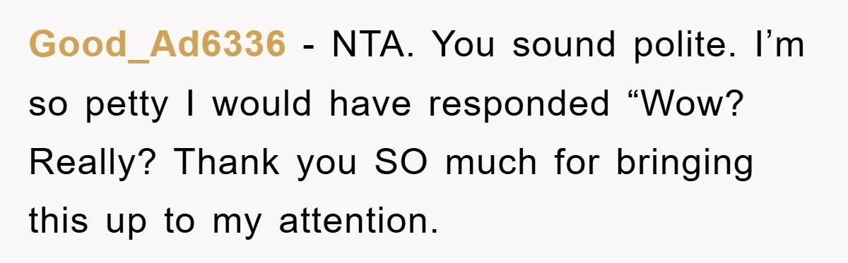 Good_Ad6336 − NTA. You sound polite. I’m so petty I would have responded “Wow? Really? Thank you SO much for bringing this up to my attention.
