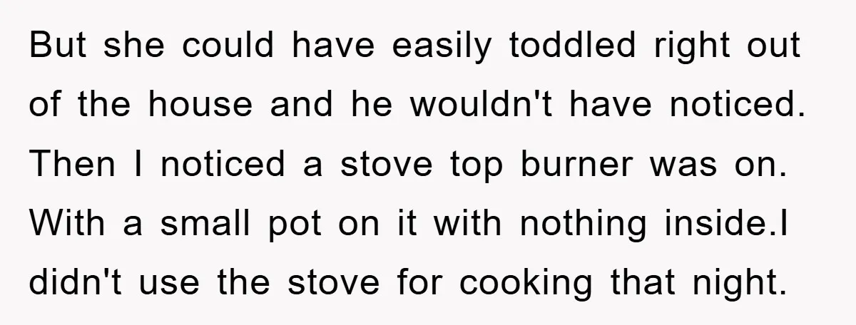 But she could have easily toddled right out of the house and he wouldn't have noticed. Then I noticed a stove top burner was on. With a small pot on...