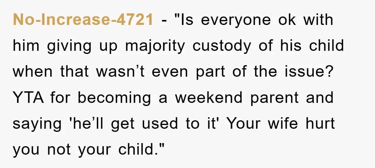No-Increase-4721 - "Is everyone ok with him giving up majority custody of his child when that wasn’t even part of the issue? YTA for becoming a weekend parent and saying...