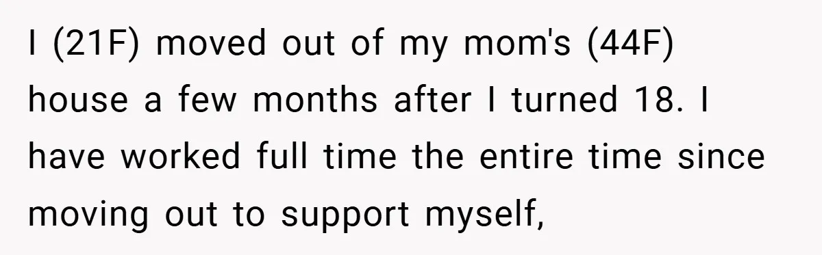 I (21F) moved out of my mom's (44F) house a few months after I turned 18. I have worked full time the entire time since moving out to support myself,
