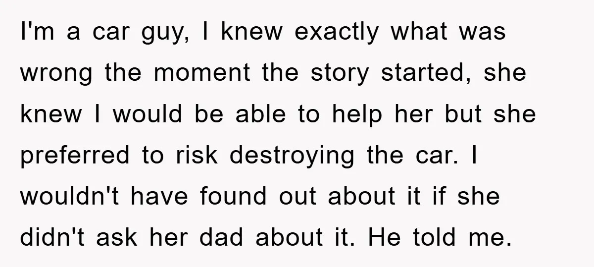I'm a car guy, I knew exactly what was wrong the moment the story started, she knew I would be able to help her but she preferred to risk destroying...