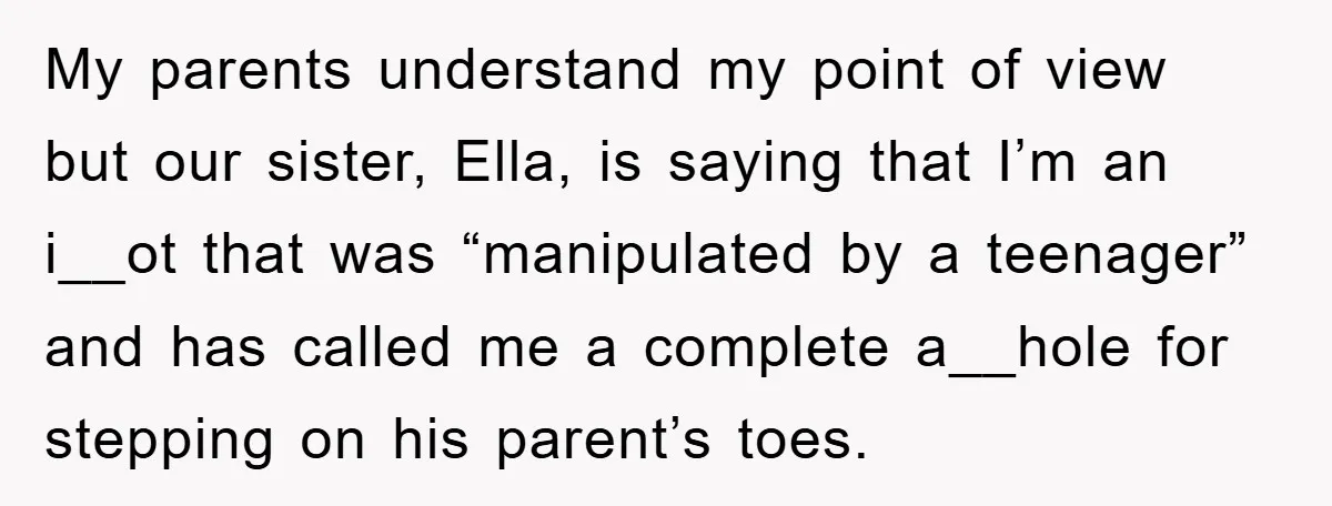My parents understand my point of view but our sister, Ella, is saying that I’m an i__ot that was “manipulated by a teenager” and has called me a complete a__hole...