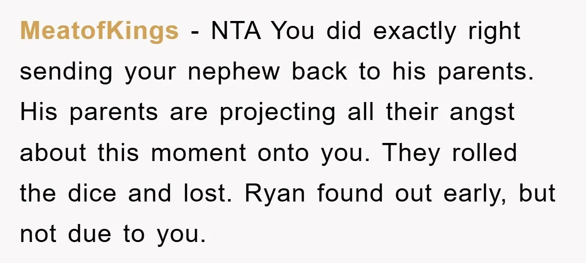 MeatofKings − NTA You did exactly right sending your nephew back to his parents. His parents are projecting all their angst about this moment onto you. They rolled the dice...