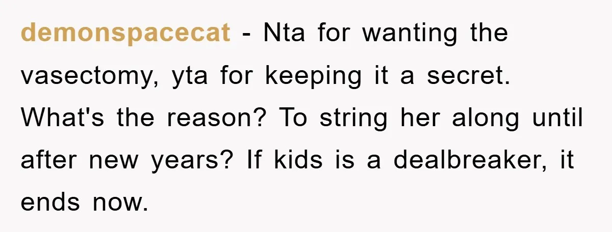 demonspacecat − Nta for wanting the vasectomy, yta for keeping it a secret. What's the reason? To string her along until after new years? If kids is a dealbreaker, it...