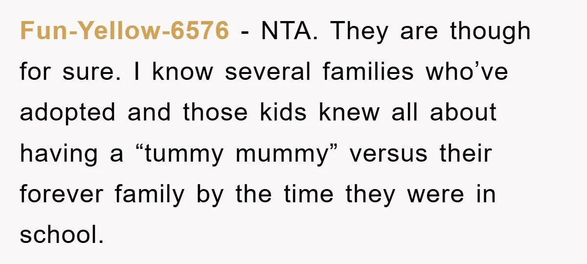 Fun-Yellow-6576 − NTA. They are though for sure. I know several families who’ve adopted and those kids knew all about having a “tummy mummy” versus their forever family by the...