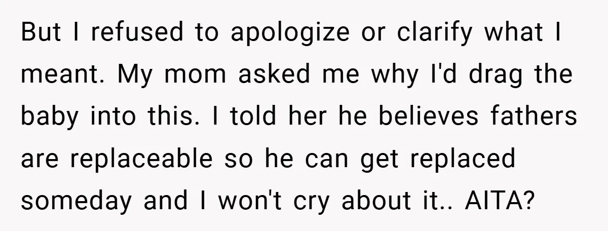 But I refused to apologize or clarify what I meant. My mom asked me why I'd drag the baby into this. I told her he believes fathers are replaceable so...