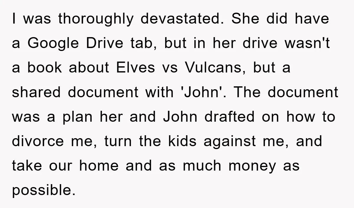 I was thoroughly devastated. She did have a Google Drive tab, but in her drive wasn't a book about Elves vs Vulcans, but a shared document with 'John'. The document...