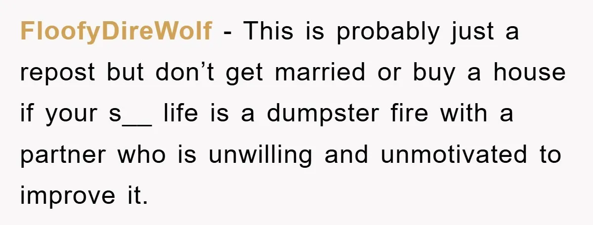 FloofyDireWolf − This is probably just a repost but don’t get married or buy a house if your s__ life is a dumpster fire with a partner who is unwilling...