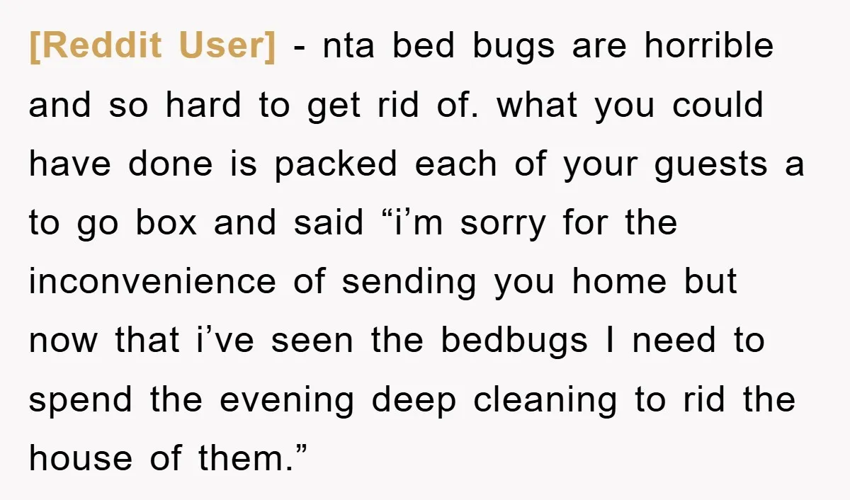 [Reddit User] − nta bed bugs are horrible and so hard to get rid of. what you could have done is packed each of your guests a to go box...