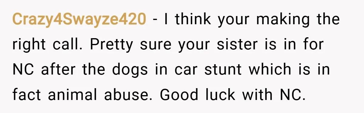 Crazy4Swayze420 − I think your making the right call. Pretty sure your sister is in for NC after the dogs in car stunt which is in fact animal abuse. Good...