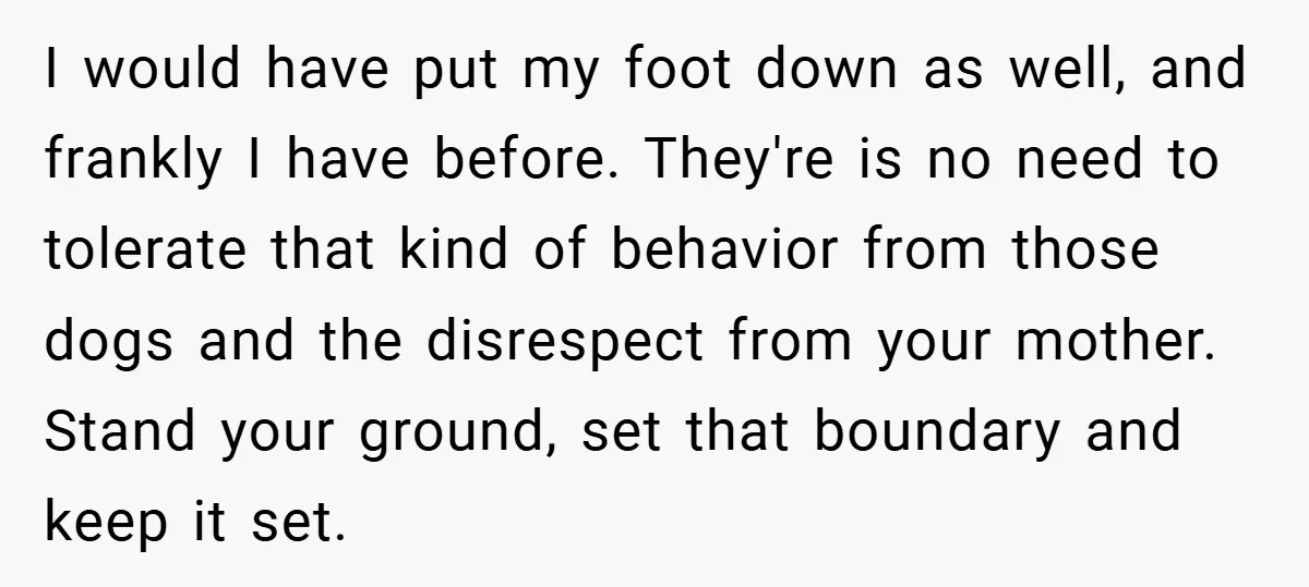 I would have put my foot down as well, and frankly I have before. They're is no need to tolerate that kind of behavior from those dogs and the disrespect...